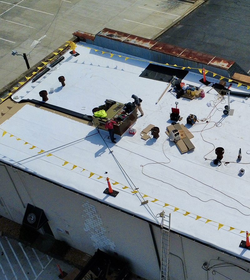 Commercial roof undergoing renovations.
